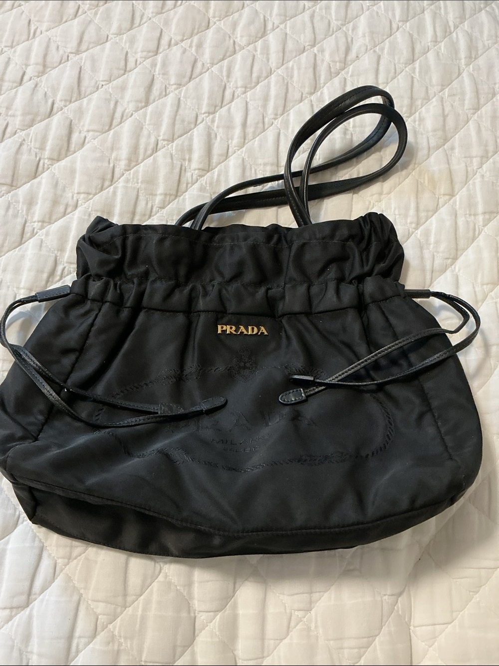 Prada Black Nylon Drawstring Shoulder Tote with Gold Logo  authentic